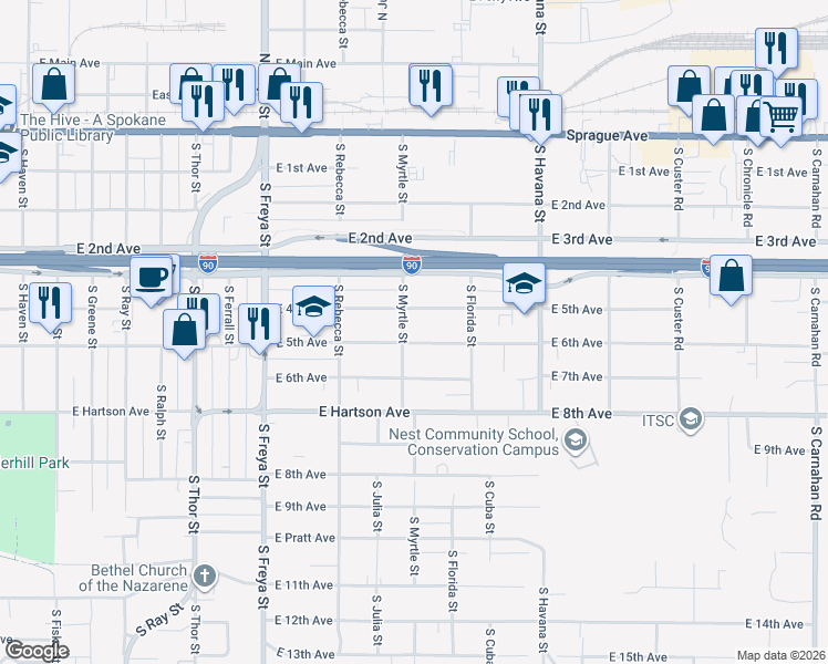 map of restaurants, bars, coffee shops, grocery stores, and more near 3923 East 5th Avenue in Spokane