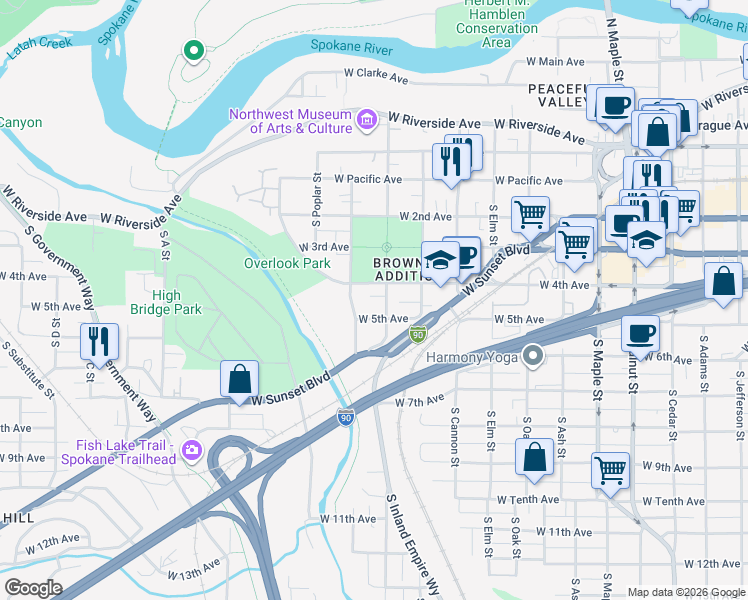 map of restaurants, bars, coffee shops, grocery stores, and more near 418 South Hemlock Street in Spokane