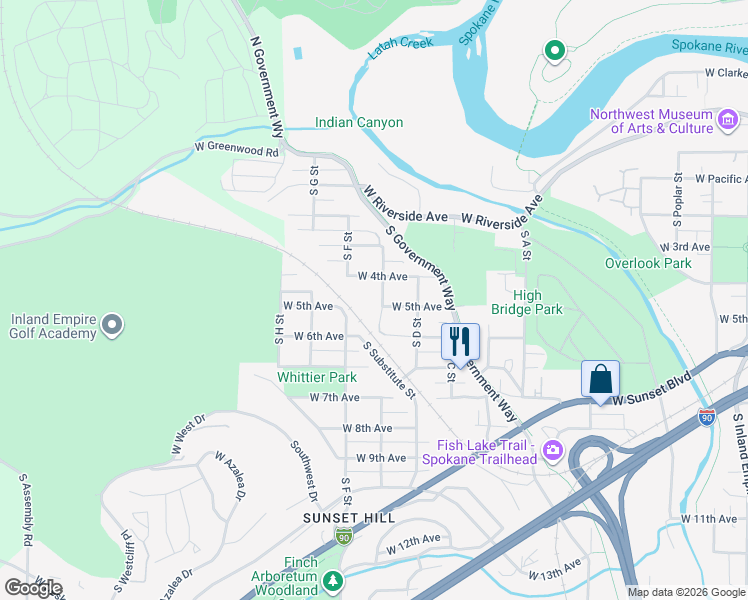 map of restaurants, bars, coffee shops, grocery stores, and more near 3305 West 5th Avenue in Spokane