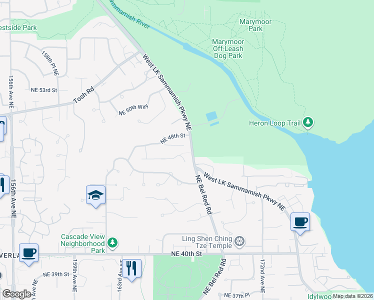 map of restaurants, bars, coffee shops, grocery stores, and more near 16627 NE 48th Ct in Redmond