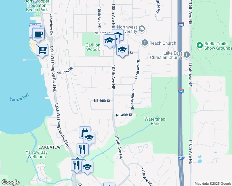 map of restaurants, bars, coffee shops, grocery stores, and more near 10804 Northeast 47th Street in Kirkland