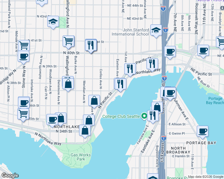 map of restaurants, bars, coffee shops, grocery stores, and more near 3227 Eastern Avenue North in Seattle