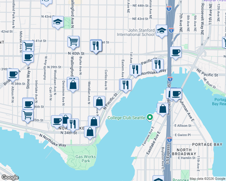 map of restaurants, bars, coffee shops, grocery stores, and more near 2308 North 37th Street in Seattle