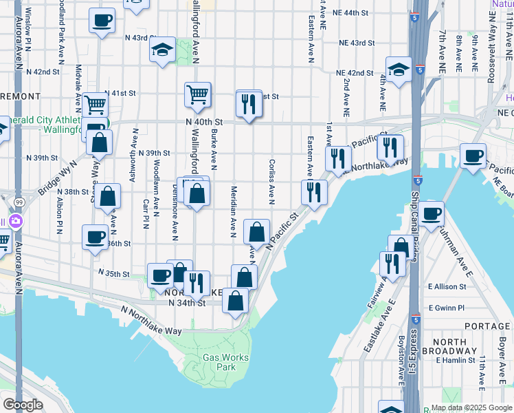 map of restaurants, bars, coffee shops, grocery stores, and more near 3702 Bagley Avenue North in Seattle