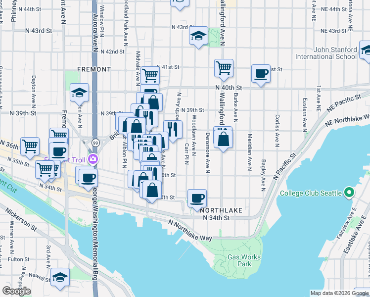 map of restaurants, bars, coffee shops, grocery stores, and more near in Seattle
