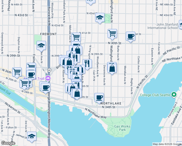 map of restaurants, bars, coffee shops, grocery stores, and more near in Seattle