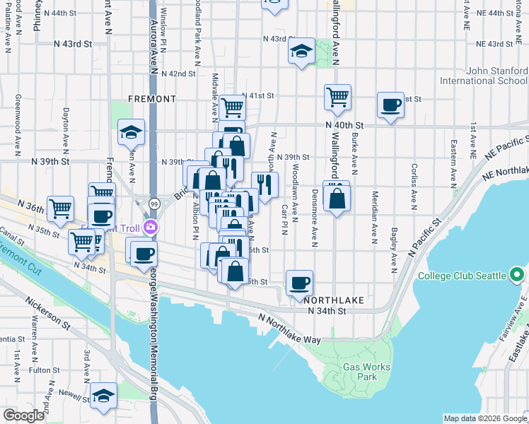 map of restaurants, bars, coffee shops, grocery stores, and more near in Seattle
