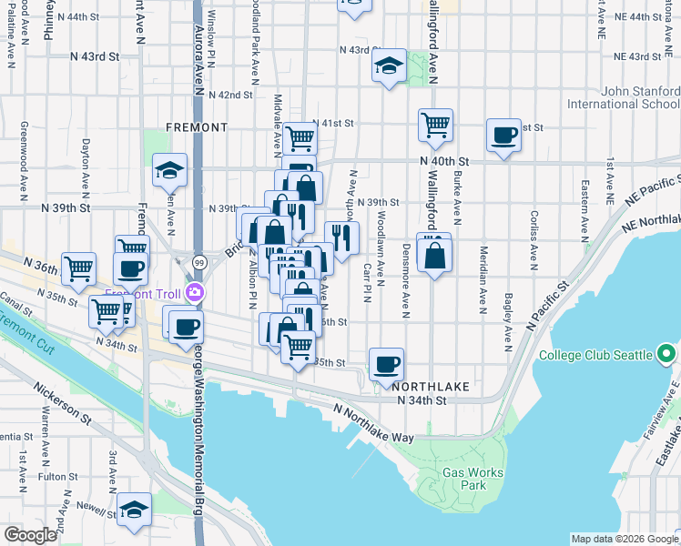 map of restaurants, bars, coffee shops, grocery stores, and more near in Seattle