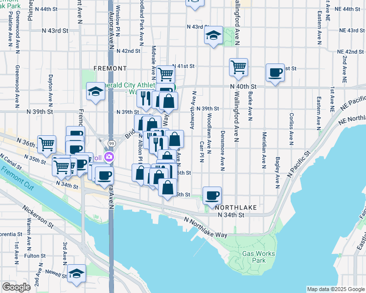map of restaurants, bars, coffee shops, grocery stores, and more near 3651 Interlake Avenue North in Seattle