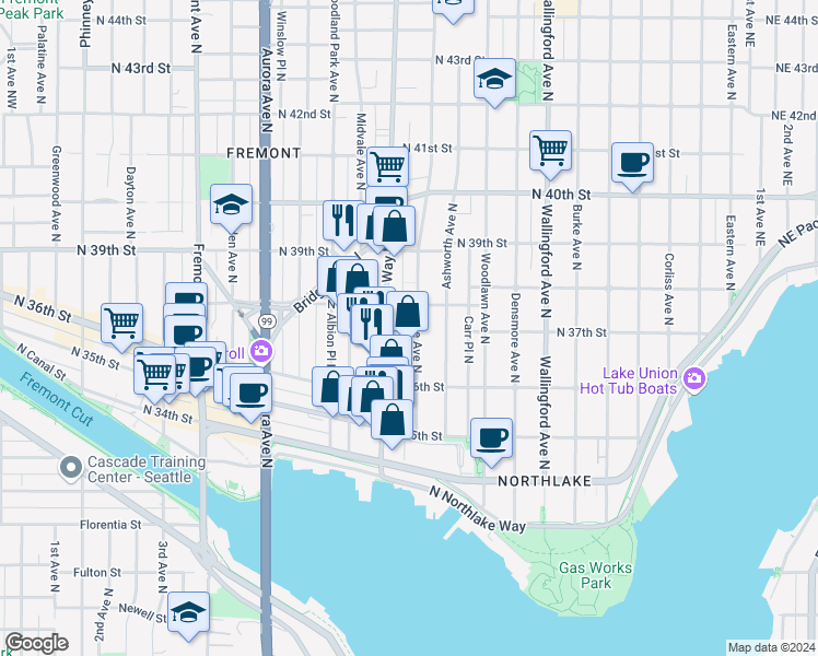 map of restaurants, bars, coffee shops, grocery stores, and more near 3651 Interlake Avenue North in Seattle