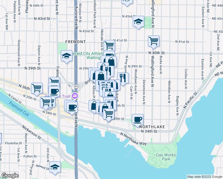 map of restaurants, bars, coffee shops, grocery stores, and more near 3651 Interlake Avenue North in Seattle