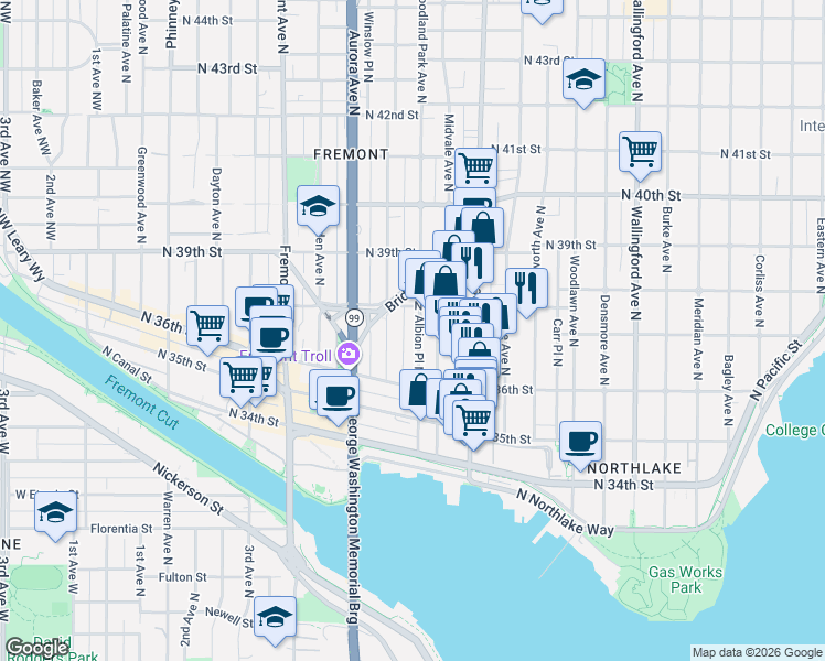map of restaurants, bars, coffee shops, grocery stores, and more near 3648 Albion Place North in Seattle