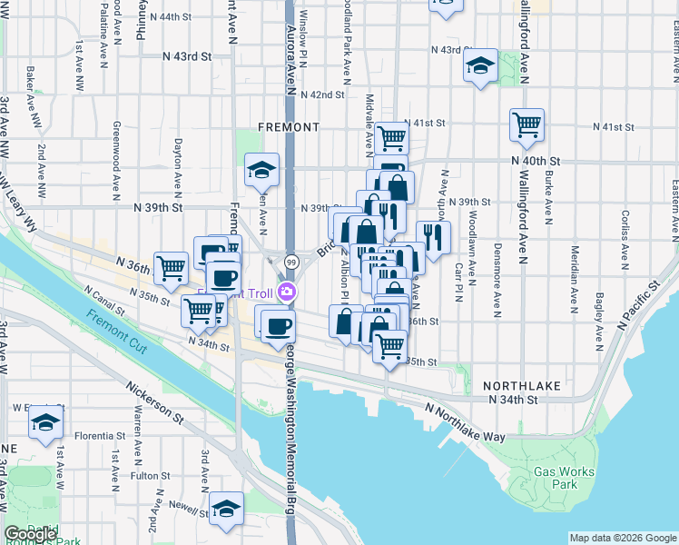 map of restaurants, bars, coffee shops, grocery stores, and more near 3648 Albion Place North in Seattle