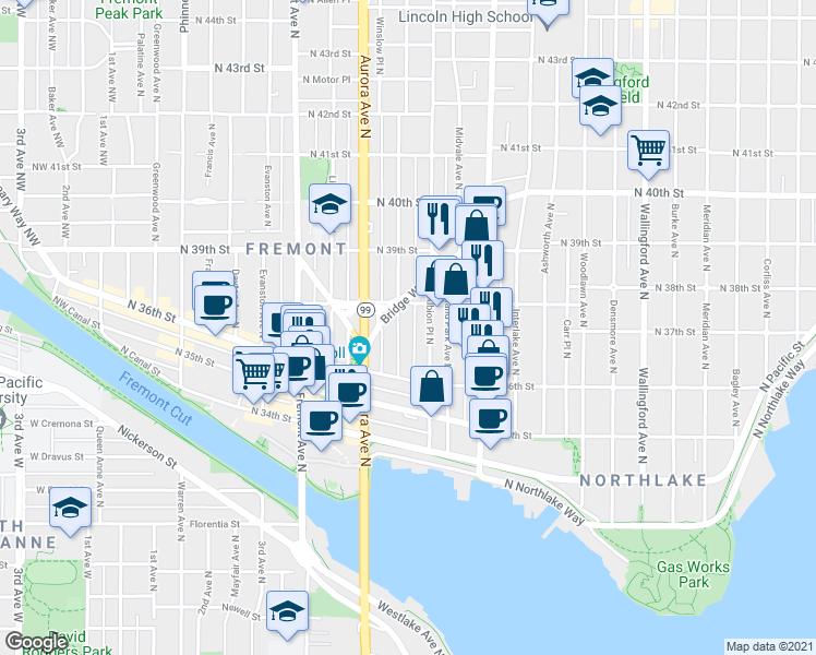 map of restaurants, bars, coffee shops, grocery stores, and more near 3659 Whitman Avenue North in Seattle