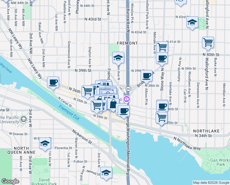 map of restaurants, bars, coffee shops, grocery stores, and more near 3627b Linden Avenue North in Seattle