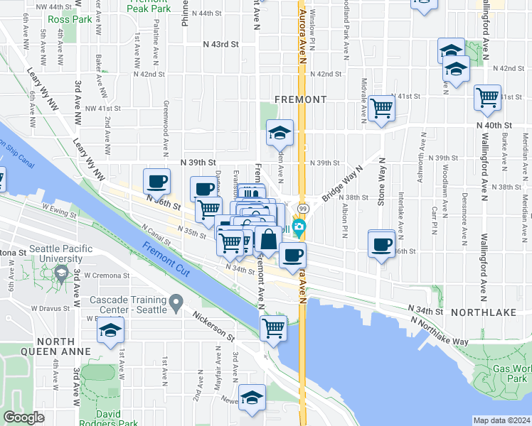 map of restaurants, bars, coffee shops, grocery stores, and more near 3627b Linden Avenue North in Seattle