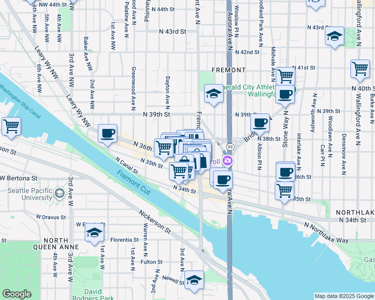 map of restaurants, bars, coffee shops, grocery stores, and more near in Seattle