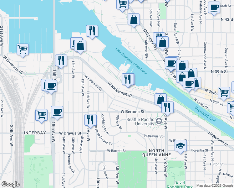 map of restaurants, bars, coffee shops, grocery stores, and more near 661 West Nickerson Street in Seattle