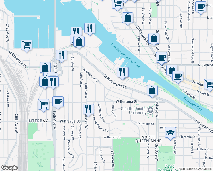 map of restaurants, bars, coffee shops, grocery stores, and more near 814 West Emerson Street in Seattle