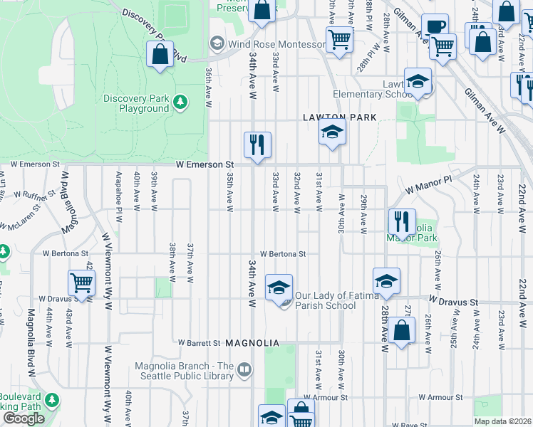 map of restaurants, bars, coffee shops, grocery stores, and more near 3451 33rd Avenue West in Seattle