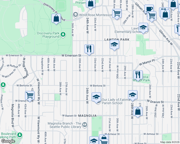 map of restaurants, bars, coffee shops, grocery stores, and more near 3451 33rd Avenue West in Seattle