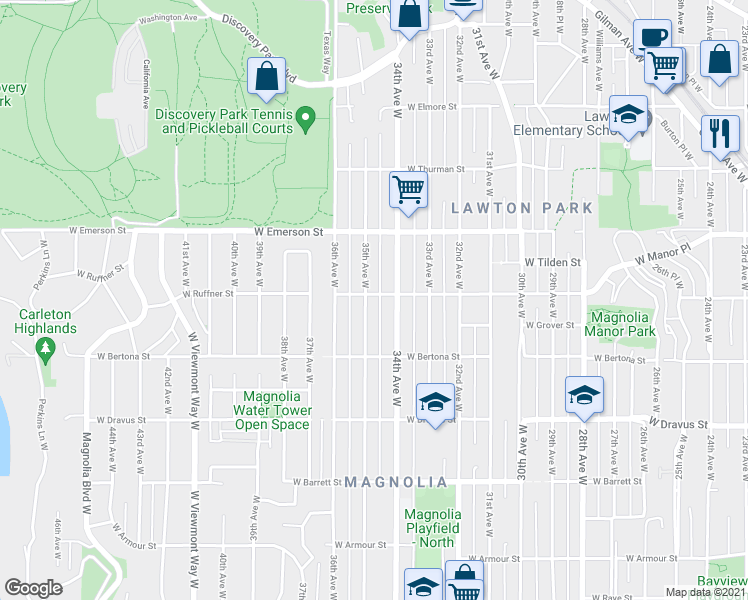 map of restaurants, bars, coffee shops, grocery stores, and more near 3409 West Ruffner Street in Seattle