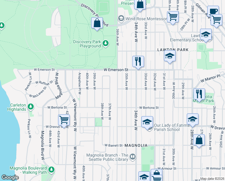 map of restaurants, bars, coffee shops, grocery stores, and more near 3450 37th Avenue West in Seattle