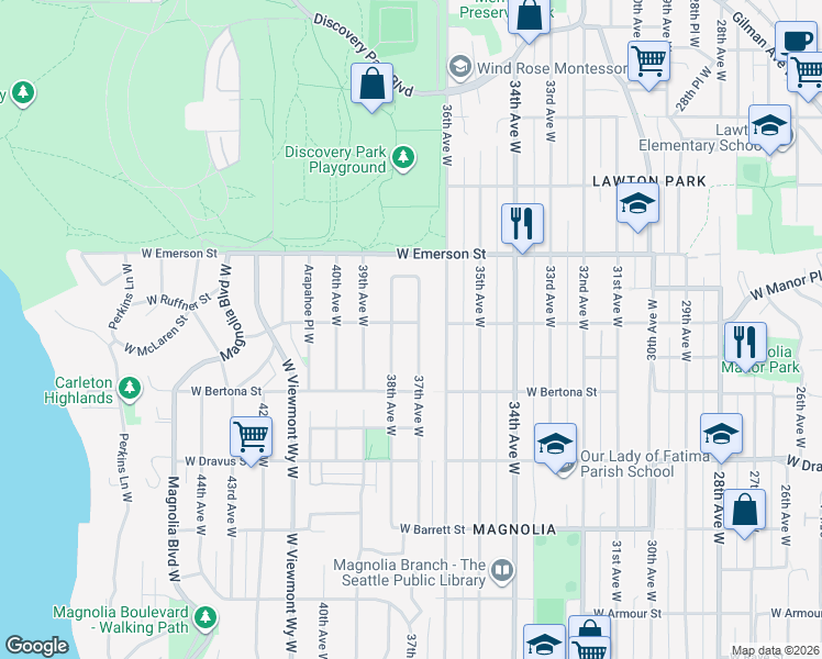 map of restaurants, bars, coffee shops, grocery stores, and more near 3450 37th Avenue West in Seattle