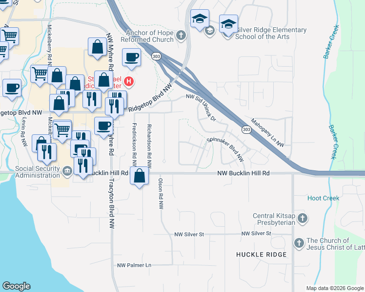 map of restaurants, bars, coffee shops, grocery stores, and more near 9645 Cutter Place Northwest in Silverdale