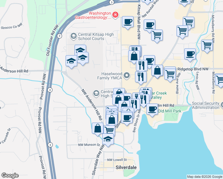 map of restaurants, bars, coffee shops, grocery stores, and more near 9701-9711 Danwood Lane Northwest in Silverdale