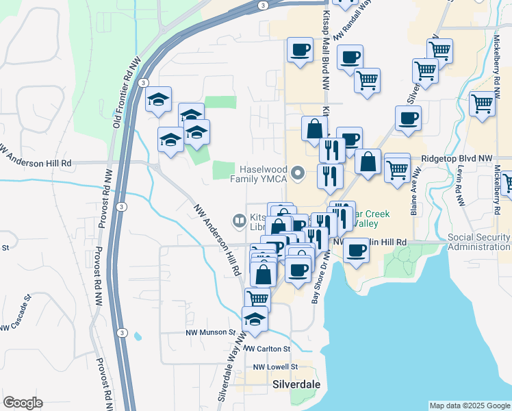 map of restaurants, bars, coffee shops, grocery stores, and more near 9715 Danwood Lane Northwest in Silverdale