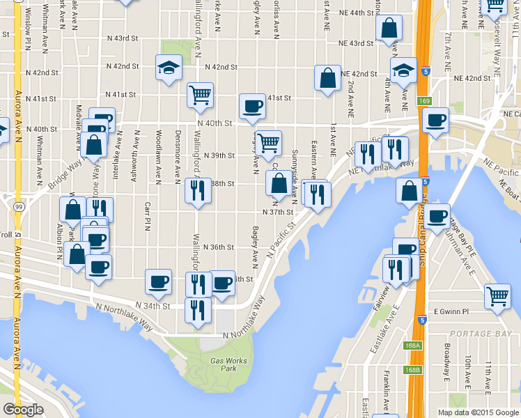 map of restaurants, bars, coffee shops, grocery stores, and more near 3702 Bagley Avenue North in Seattle