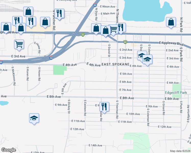 map of restaurants, bars, coffee shops, grocery stores, and more near 6419 East 6th Avenue in Spokane Valley