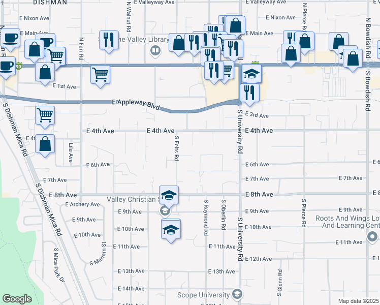 map of restaurants, bars, coffee shops, grocery stores, and more near 10327 East 5th Lane in Spokane Valley