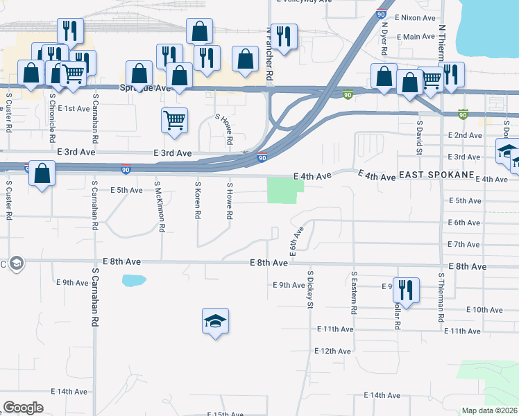 map of restaurants, bars, coffee shops, grocery stores, and more near 603 South Howe Road in Spokane Valley