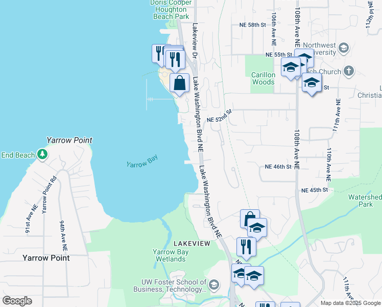 map of restaurants, bars, coffee shops, grocery stores, and more near 4613 Lake Washington Boulevard Northeast in Kirkland