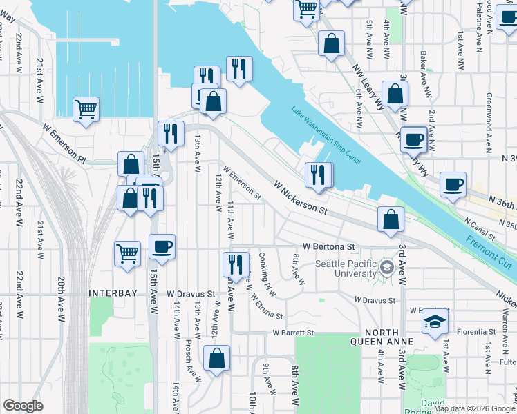 map of restaurants, bars, coffee shops, grocery stores, and more near 3456 10th Avenue West in Seattle
