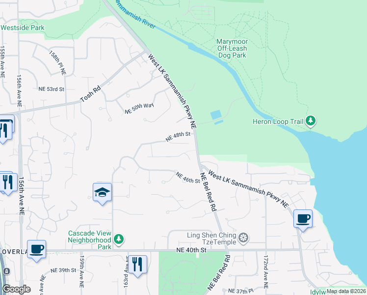 map of restaurants, bars, coffee shops, grocery stores, and more near 16627 Northeast 48th Court in Redmond