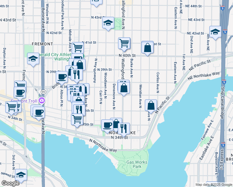 map of restaurants, bars, coffee shops, grocery stores, and more near 3700 Densmore Avenue North in Seattle