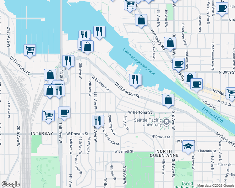 map of restaurants, bars, coffee shops, grocery stores, and more near 814 West Emerson Street in Seattle