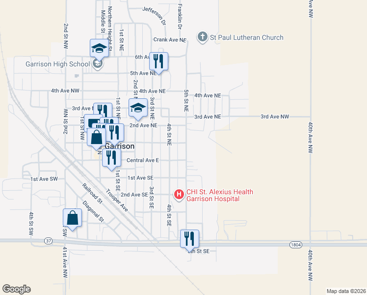 map of restaurants, bars, coffee shops, grocery stores, and more near 51 5th Street Northeast in Garrison