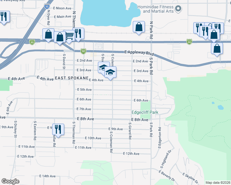 map of restaurants, bars, coffee shops, grocery stores, and more near 7110 East 5th Avenue in Spokane Valley