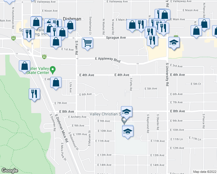 map of restaurants, bars, coffee shops, grocery stores, and more near 10014 East 4th Avenue in Spokane Valley