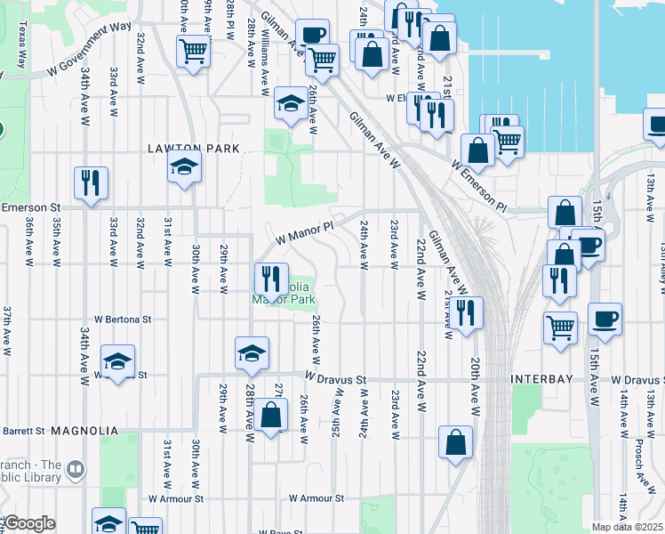 map of restaurants, bars, coffee shops, grocery stores, and more near 3520 27th Place West in Seattle