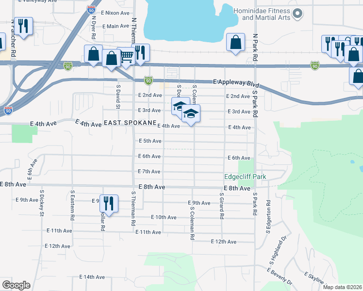map of restaurants, bars, coffee shops, grocery stores, and more near 7006 East 5th Avenue in Spokane Valley