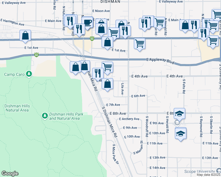 map of restaurants, bars, coffee shops, grocery stores, and more near 67 Betty Avenue in Spokane Valley