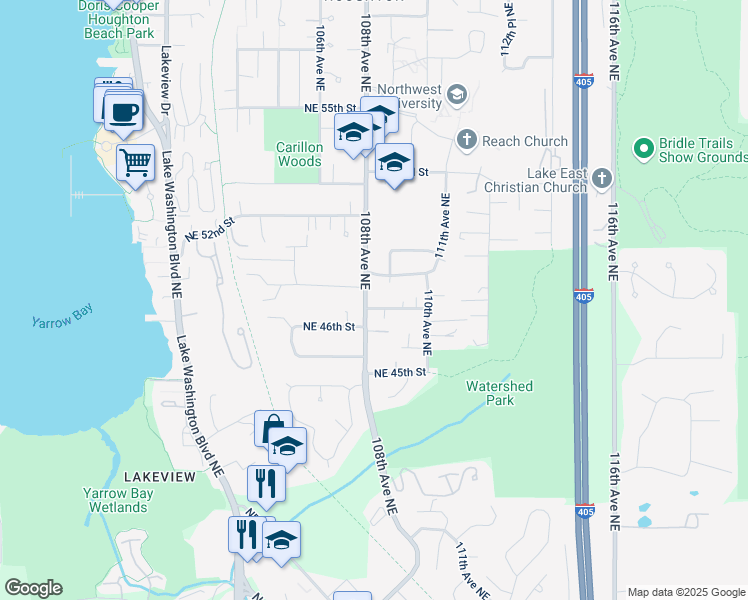 map of restaurants, bars, coffee shops, grocery stores, and more near 10804 Northeast 47th Street in Kirkland