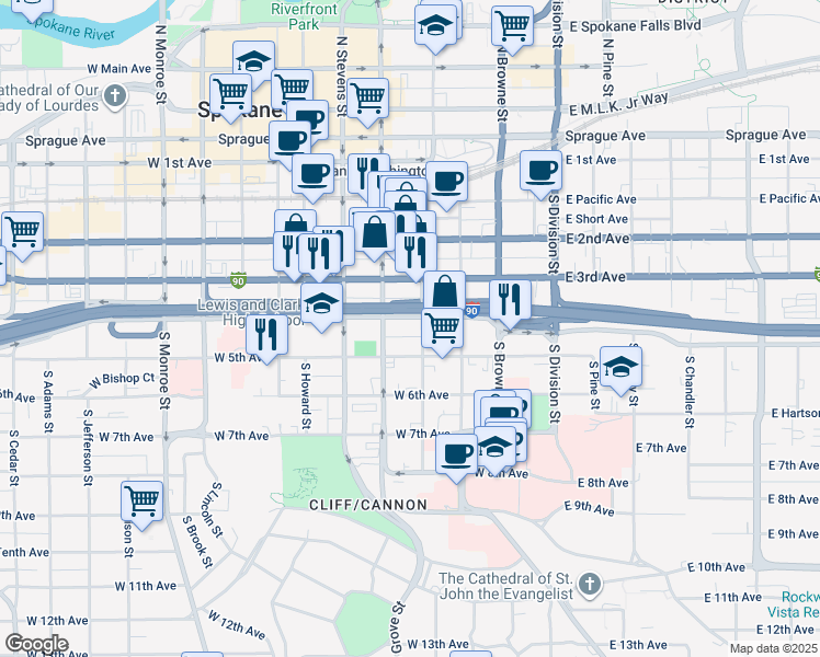 map of restaurants, bars, coffee shops, grocery stores, and more near 307 West 4th Avenue in Spokane