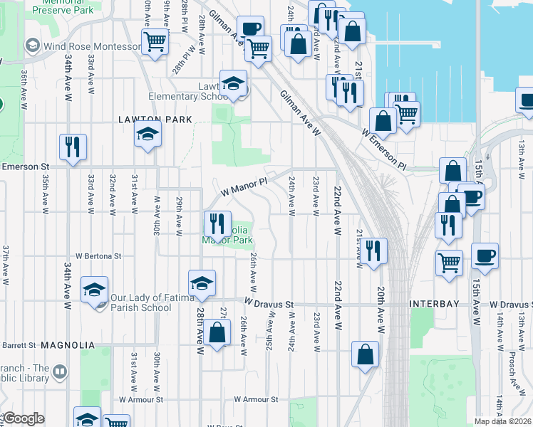 map of restaurants, bars, coffee shops, grocery stores, and more near 3520 27th Place West in Seattle