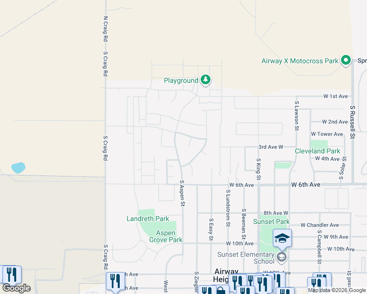 map of restaurants, bars, coffee shops, grocery stores, and more near 340 South Dovetail Court in Airway Heights
